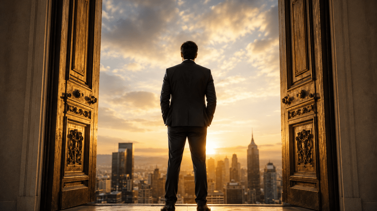 Professional businessman standing at a gateway overlooking a city skyline representing career growth, professional visibility, and modern career opportunities.